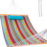 Lazy Daze Hammocks 12 FT Quilted Fabric Double Hammock with Spreader Bars and Detachable Pillow, 2 Person Hammock for Outdoor Patio Backyard Poolside, 450 LBS Weight Capacity, Blue&Red Stripes Lazy Daze Hammocks