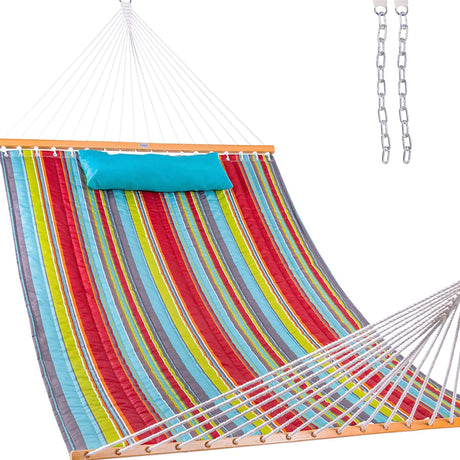 Lazy Daze Hammocks 12 FT Quilted Fabric Double Hammock with Spreader Bars and Detachable Pillow, 2 Person Hammock for Outdoor Patio Backyard Poolside, 450 LBS Weight Capacity, Blue&Red Stripes Lazy Daze Hammocks