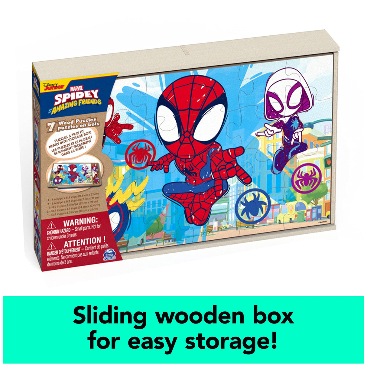 Marvel Spidey and his Amazing Friends 7 Wood Jigsaw Puzzles with Sliding Wood Storage Box- Spidey and his Amazing Friends Toys for Kids Ages 4+ Spin Master Games