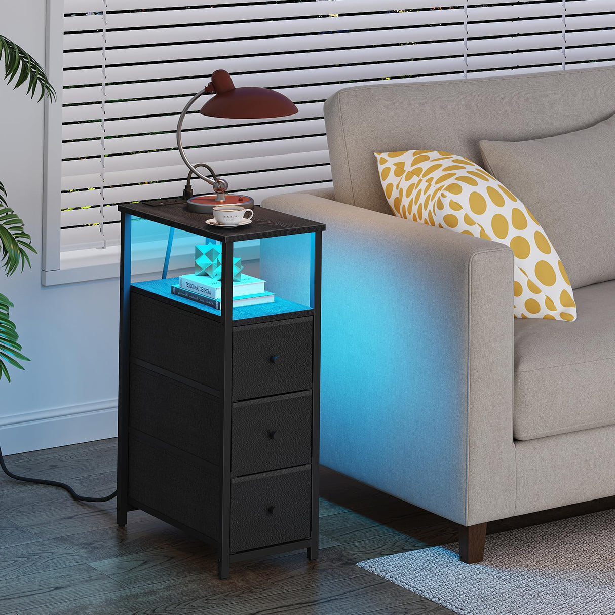 TUTOTAK Narrow End Table with Charging Station, Side Table with Plugins, Tall LED NightStand with 3 Fabric Drawer, Small Bedside Table with Storage, Set of 2, for Living Room, Black TB01BK073L TUTOTAK