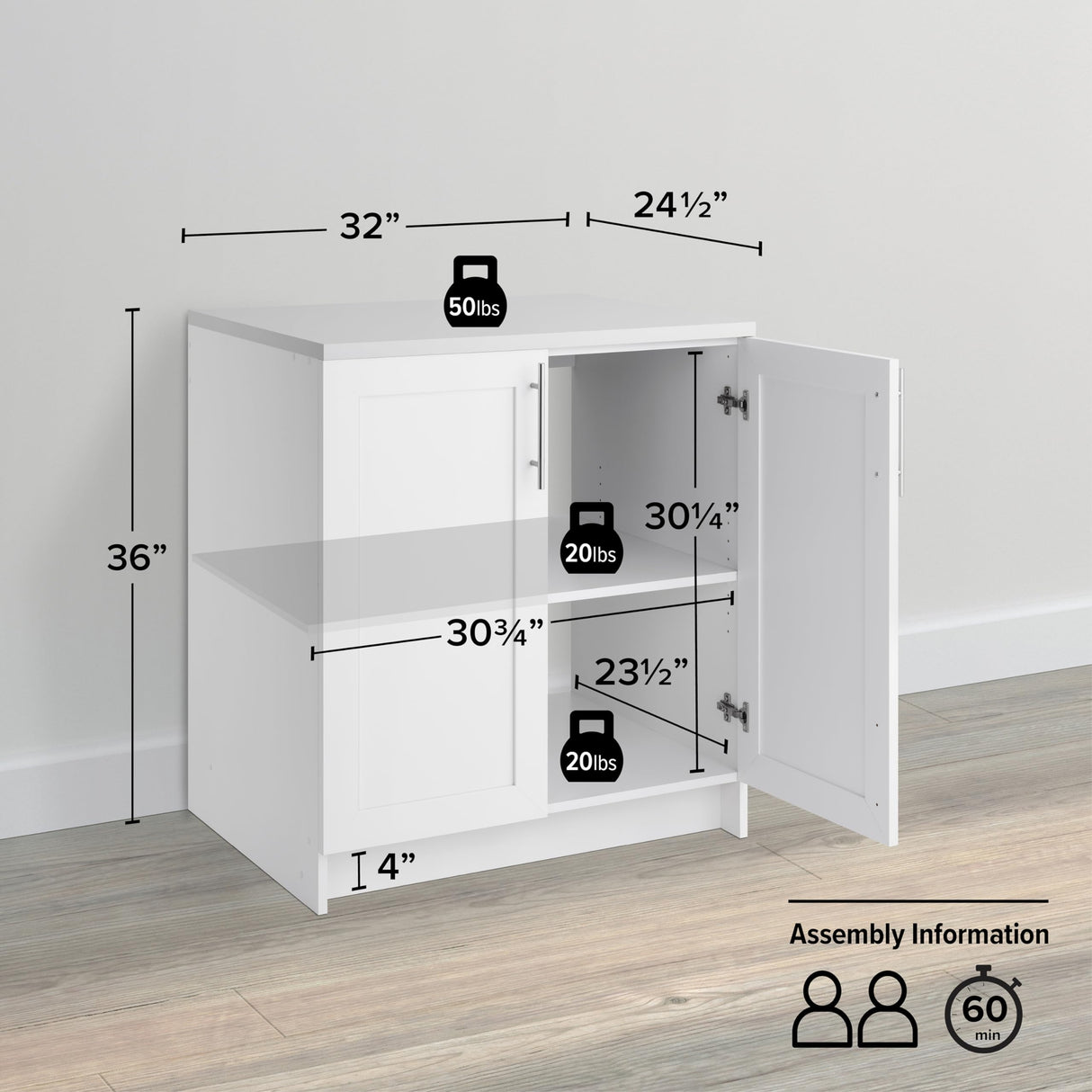 Prepac Elite 32" W Storage Cabinet with Doors and Shelves, White Garage Cabinet, Bathroom Storage with 1 Adjustable Shelf 24.5" D x 32" W x 36" H, WSCR-1005-1 Prepac