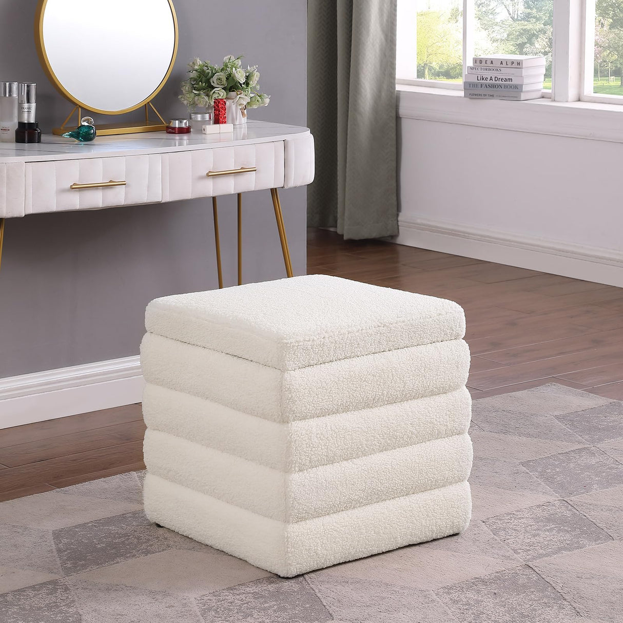 OuchTek Teddy Square Ottoman White Small Storage Ottoman Cube Ottoman for Living Room Sherpa Foot Stool Boucle Vanity Stool with Storage OuchTek