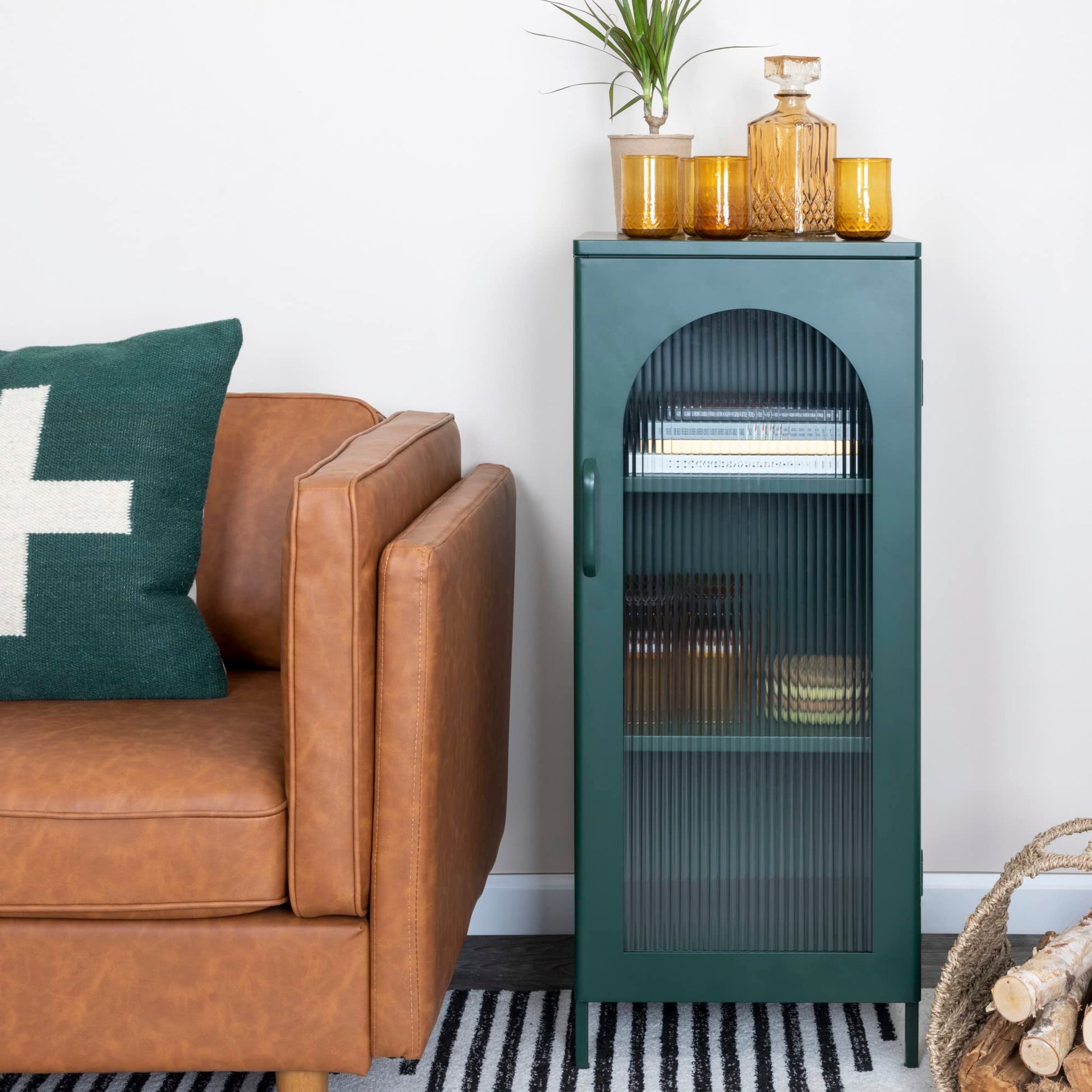 Creative Co-Op Solstice Metal Cabinet with Arched Glass Door, Dark Green - WoodArtSupply