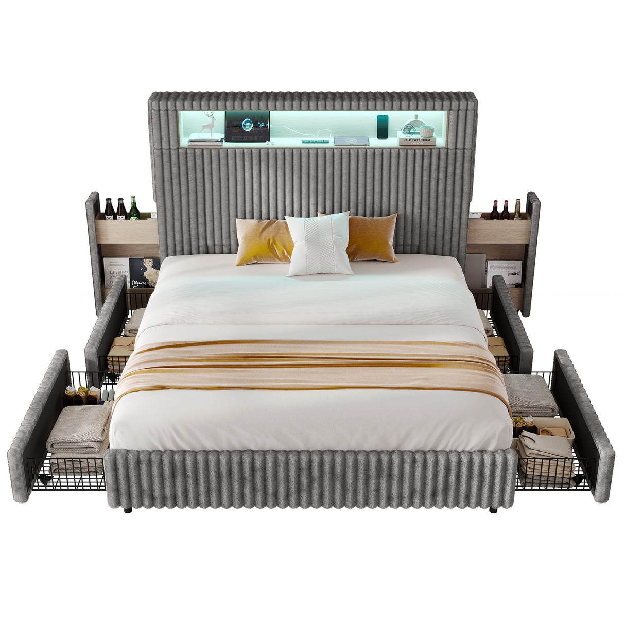 Jocisland King Size Storage Bed Frame with 51.2" Tall Upholstered Headboard, Built-in 6 Drawers & Bookcase, USB Ports & RGB LED Lights, No Box Spring Needed,Grey Jocisland