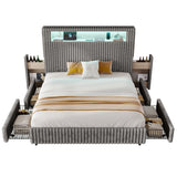 Jocisland King Size Storage Bed Frame with 51.2" Tall Upholstered Headboard, Built-in 6 Drawers & Bookcase, USB Ports & RGB LED Lights, No Box Spring Needed,Grey Jocisland