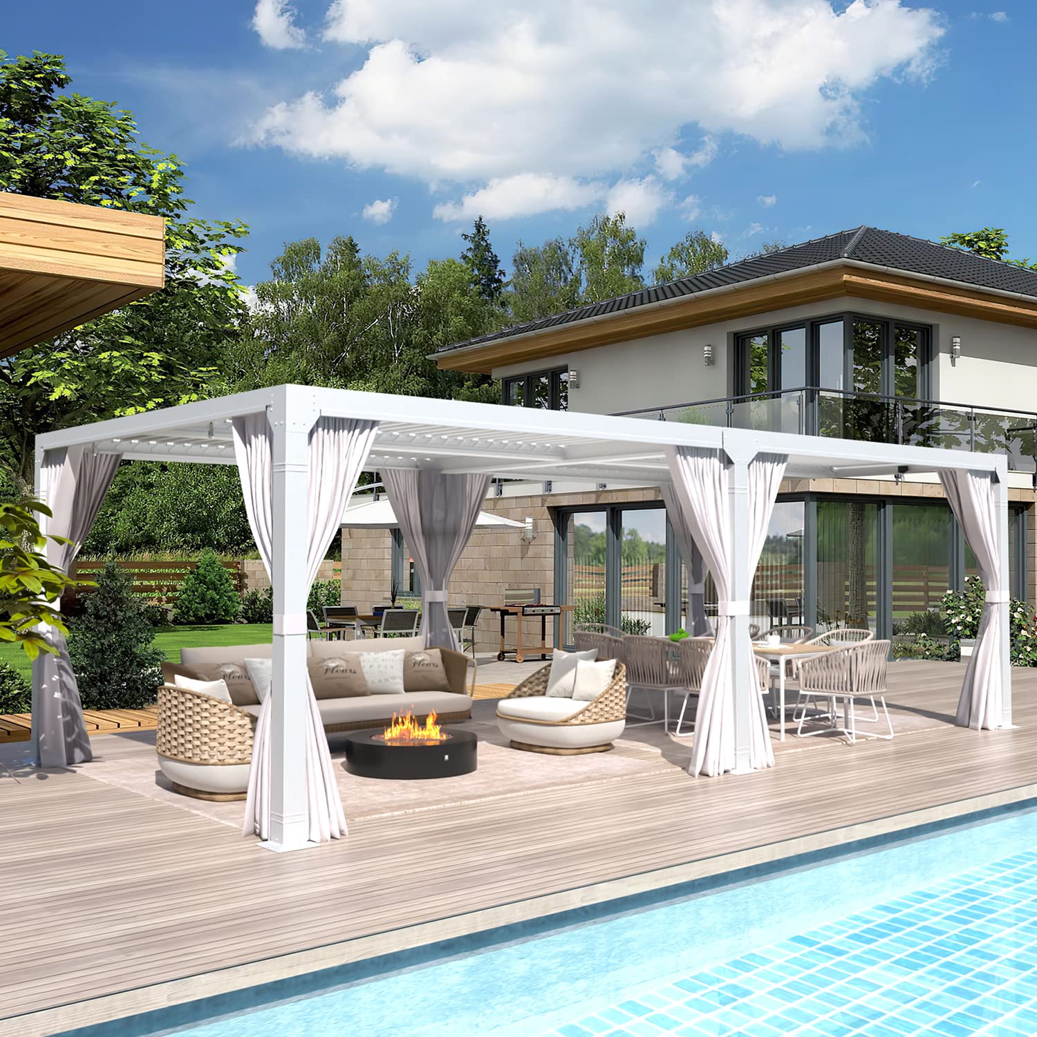 MELLCOM Louvered Pergola 12x20, Aluminum Pergola with Adjustable Louvered Roof, Outdoor Pergola with Waterproof Curtains and Nets, White - WoodArtSupply