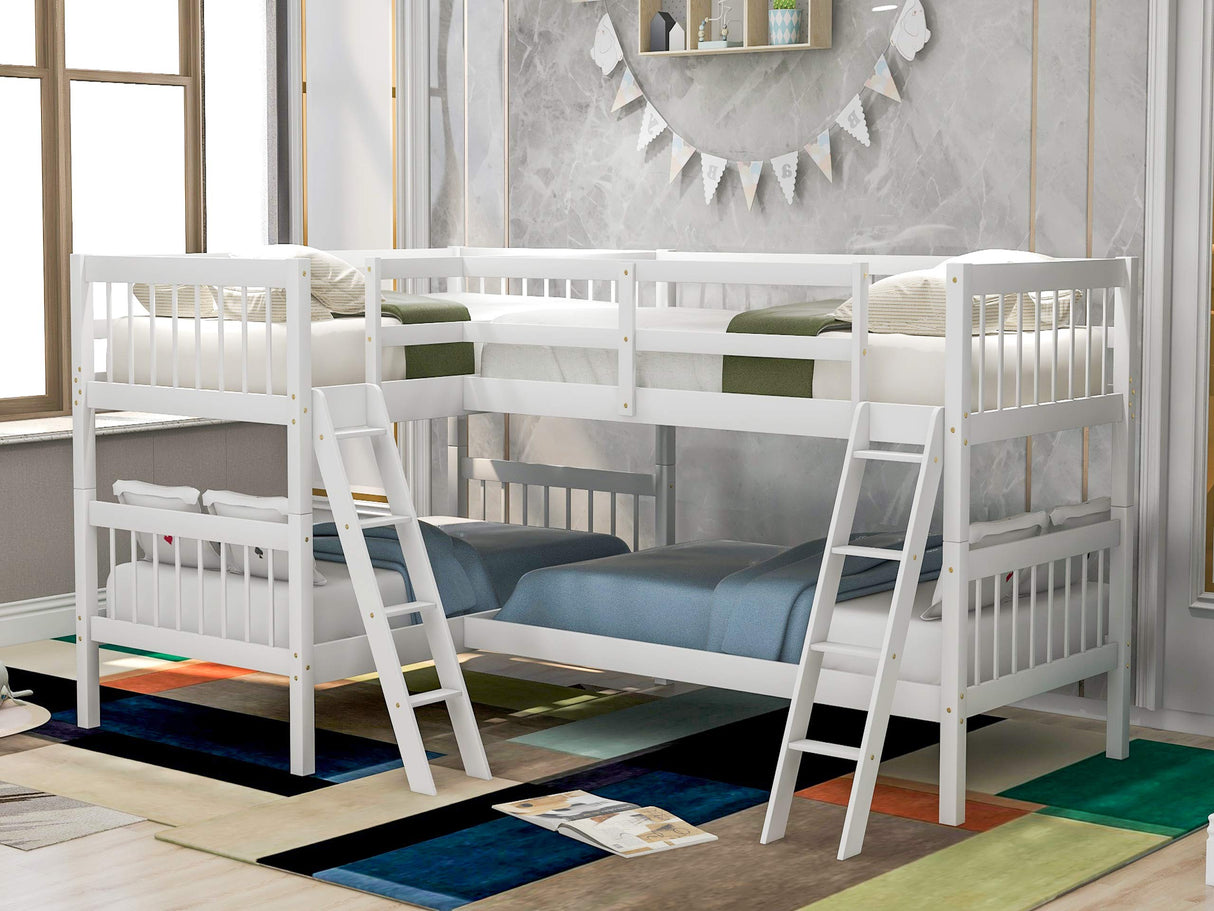 Harper & Bright Designs L-Shaped Bunk Bed Twin Over Twin, Quad Bunk Bed with Guardrail and 2 Angle Ladder, Wood Corner Bunk Beds for 4 Kids, Teens, Adults, No Box Spring Needed (White) Harper & Bright Designs