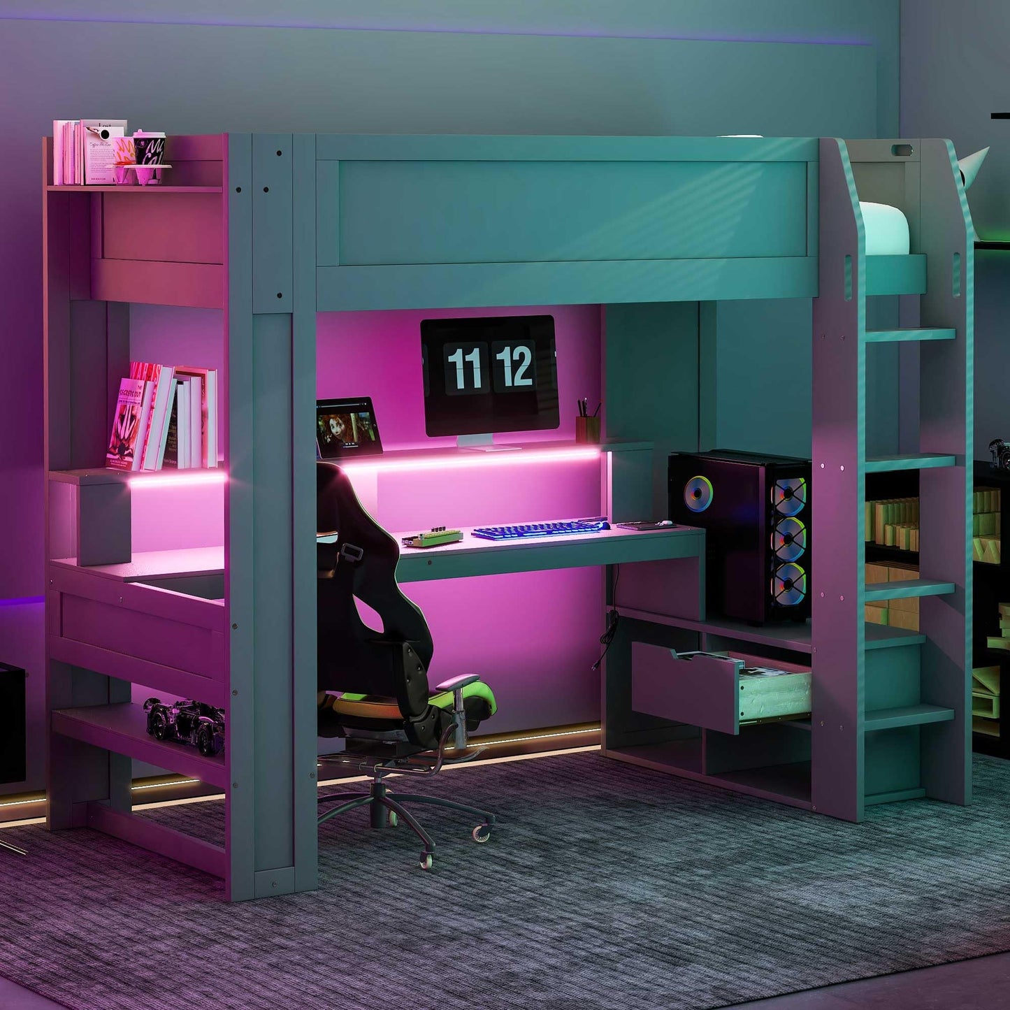 P PURLOVE Twin Size Gaming Loft Bed with Desk, LED Lighting & Charging Station, Dark Gray Wood Frame with Storage Solutions - WoodArtSupply