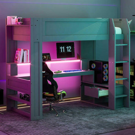 P PURLOVE Twin Size Gaming Loft Bed with Desk, LED Lighting & Charging Station, Dark Gray Wood Frame with Storage Solutions P PURLOVE