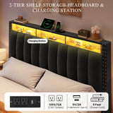 DWVO King Size Bed Frame with 4 Storage Drawers and RGB LED Lights, Velvet Upholstered Platform Bed with Charging Station and Bookcase Storage Headboard, No Box Spring Needed, Easy Assembly, Black DWVO