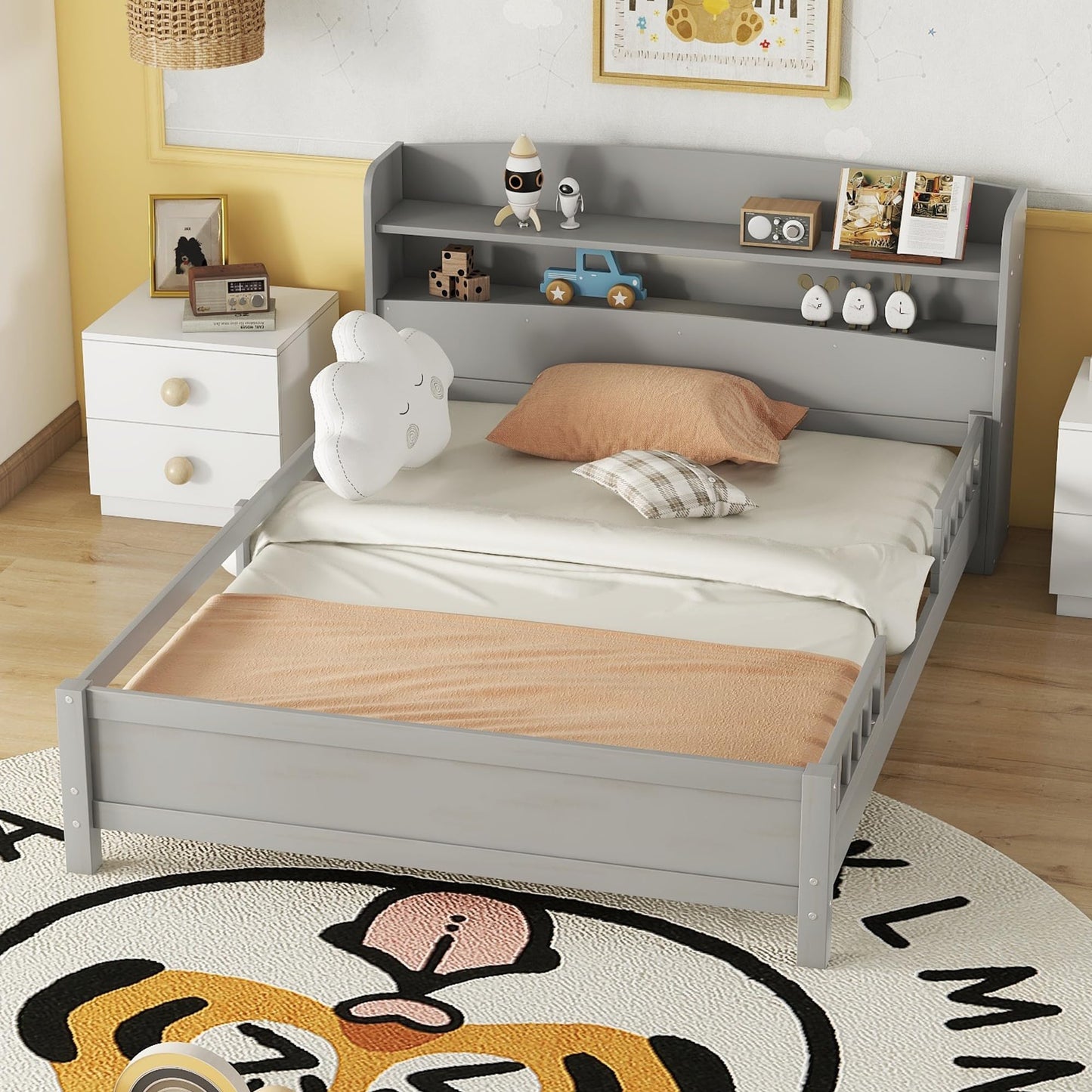 Bellemave Full Size Low Platform Bed with LED Light, Storage Headboard & Safety Rails for Kids in Grey - WoodArtSupply