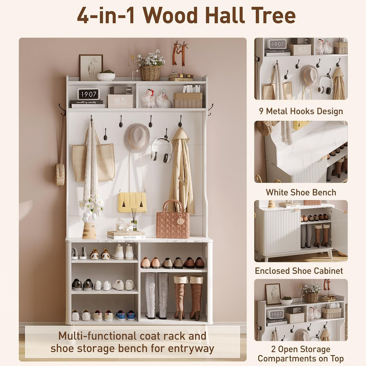 Maupvit 77" White Entryway Hall Tree, 4-in-1 Wood Coat Rack with 9 Hanging Hooks & Storage Bench, Shoe and Coat Rack, 18 Shoe Cubbies Home Organizer for Hallway Front Door Entrance Maupvit