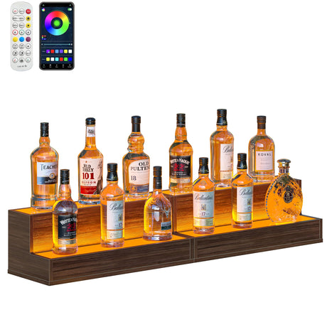 Bingoday Liquor Display Shelf Set of 2,20 Inch LED Lighted Liquor Bottle Shelves with Acrylic Board Bar Display Stand for Home Bar Liquor Cabinet Decor,Walnut Bingoday