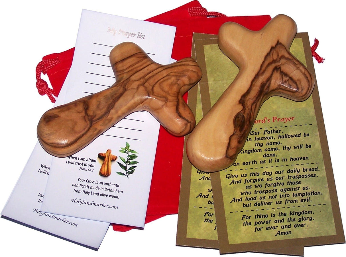 Holy Land Imports 2 Olive Wood Holding Crosses Comes with Velvet Bag & Certificate Holy Land Imports