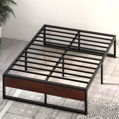 SHA CERLIN 14'' Queen Size Metal Platform Bed Frame with Rustic Wood & Ample Under-Bed Storage Solution - WoodArtSupply