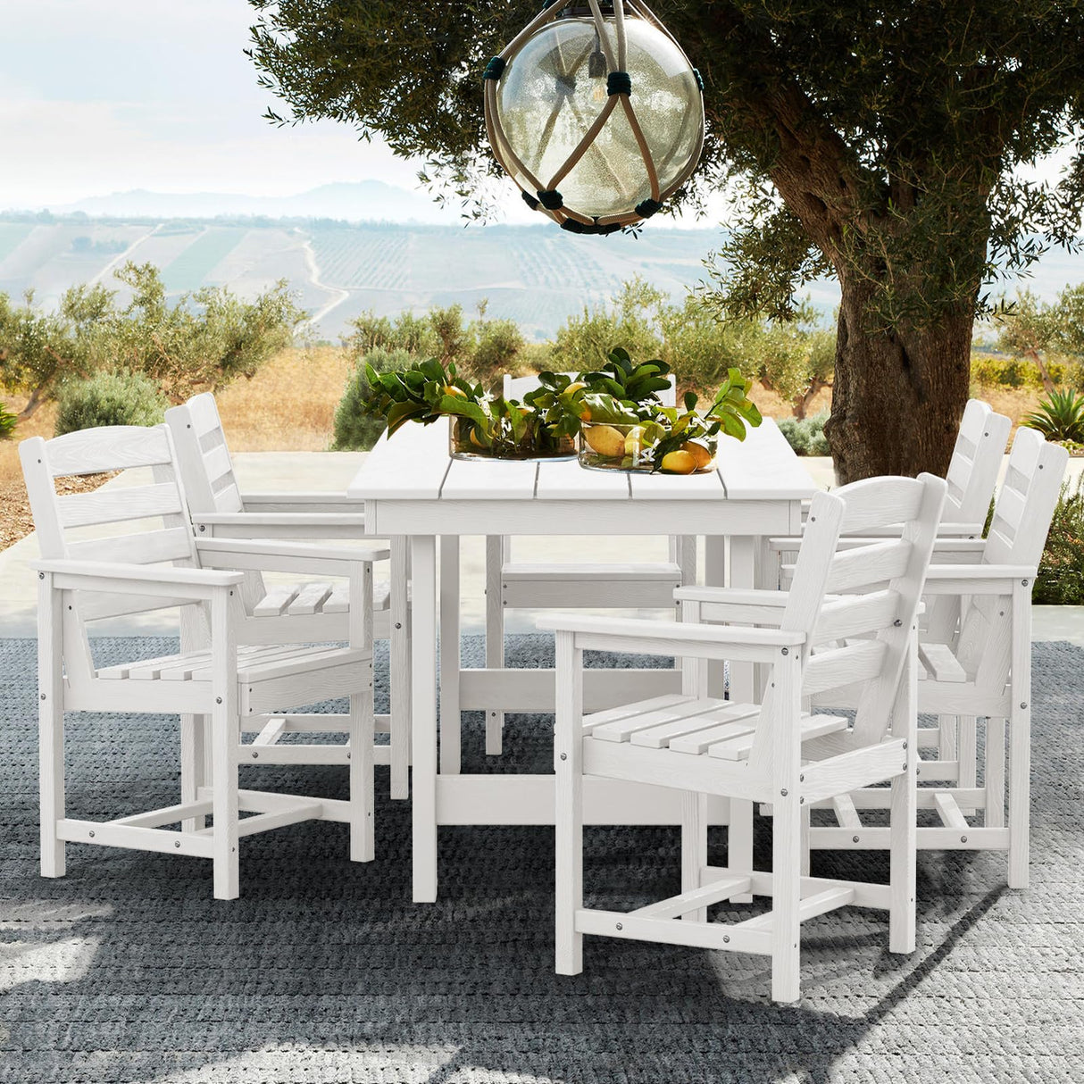 SERWALL Patio Table Set, Outdoor HDPE Dining Set with Umbrella Hole, 5-Piece - Table and 4 Chairs, All Weather for Lawn, Garden, Poolside, White SERWALL