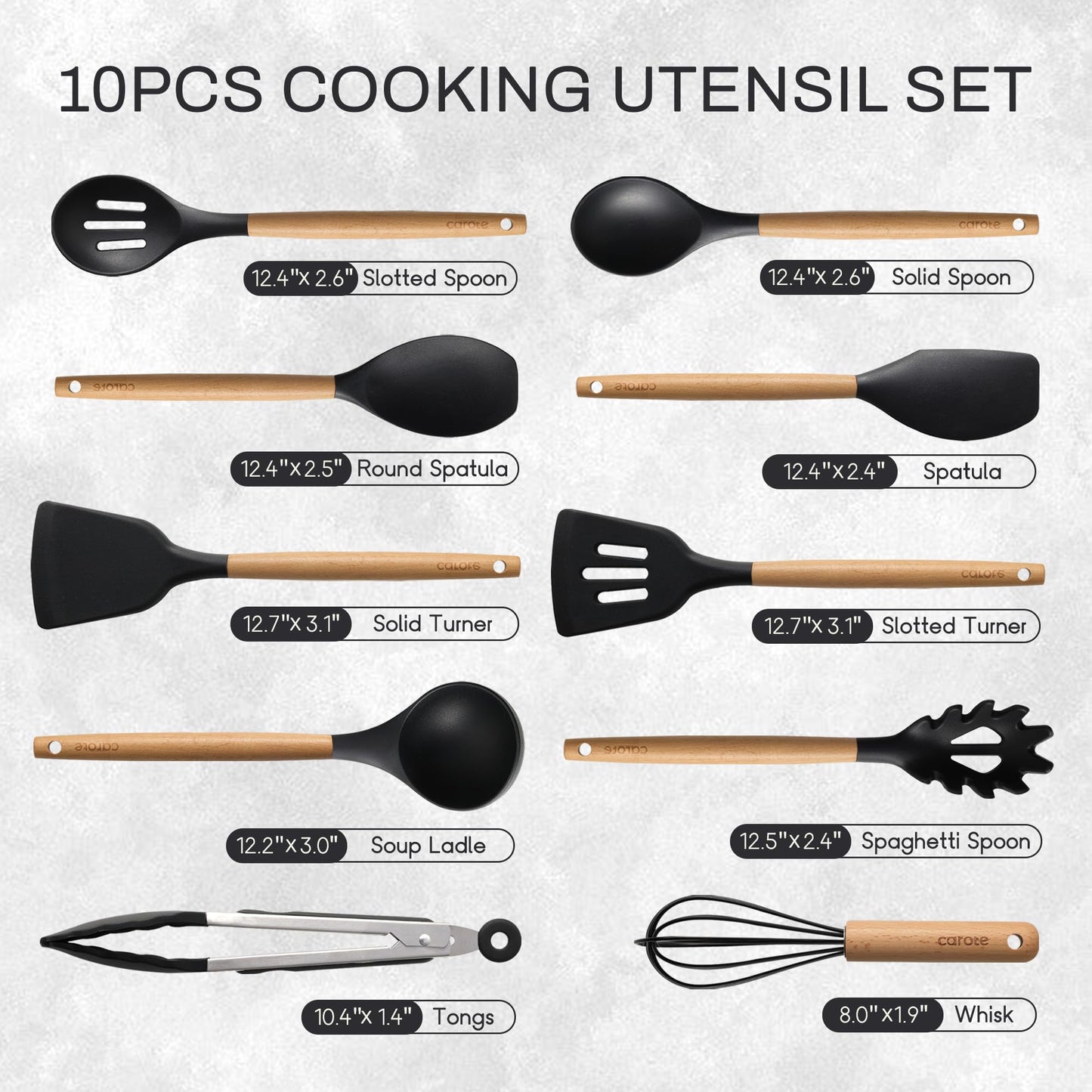 CAROTE Silicone Cooking Utensils Set for Nonstick Cookware, 446°F Heat Resistant Kitchen Utensil Set with Wooden Handle 10pcs, Spatula, Turner, Spoon, Tongs, Whisk