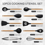 CAROTE Silicone Cooking Utensils Set for Nonstick Cookware, 446°F Heat Resistant Kitchen Utensil Set with Wooden Handle 10pcs, Spatula, Turner, Spoon, Tongs, Whisk CAROTE