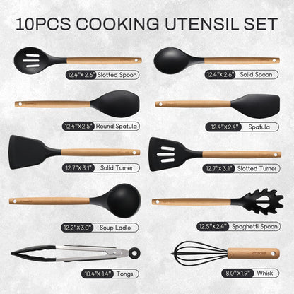 CAROTE Silicone Cooking Utensils Set for Nonstick Cookware, 446°F Heat Resistant Kitchen Utensil Set with Wooden Handle 10pcs, Spatula, Turner, Spoon, Tongs, Whisk