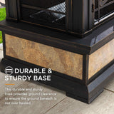 Sunjoy Outdoor Fireplace, Smith Collection Patio Wood Burning Steel Fireplace with Chimney, Spark Screen, Fire Poker, and Removable Grate, Copper with Yellow Tile Sunjoy