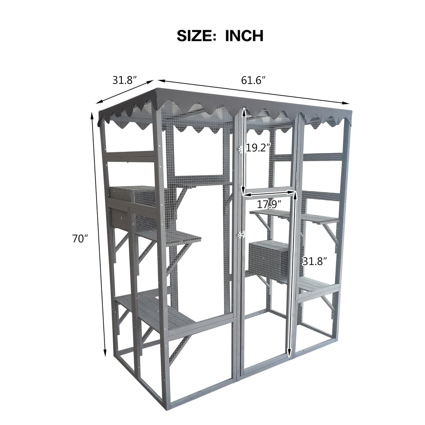 Miscoos Wooden Outdoor Cat House & Catio Enclosure with Weather-Resistant Asphalt Roof, 6 Elevated Ledges – Ideal Shelter for Feral and Domestic Cats - WoodArtSupply