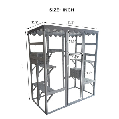 Miscoos Wooden Outdoor Cat House & Catio Enclosure with Weather-Resistant Asphalt Roof, 6 Elevated Ledges – Ideal Shelter for Feral and Domestic Cats - WoodArtSupply