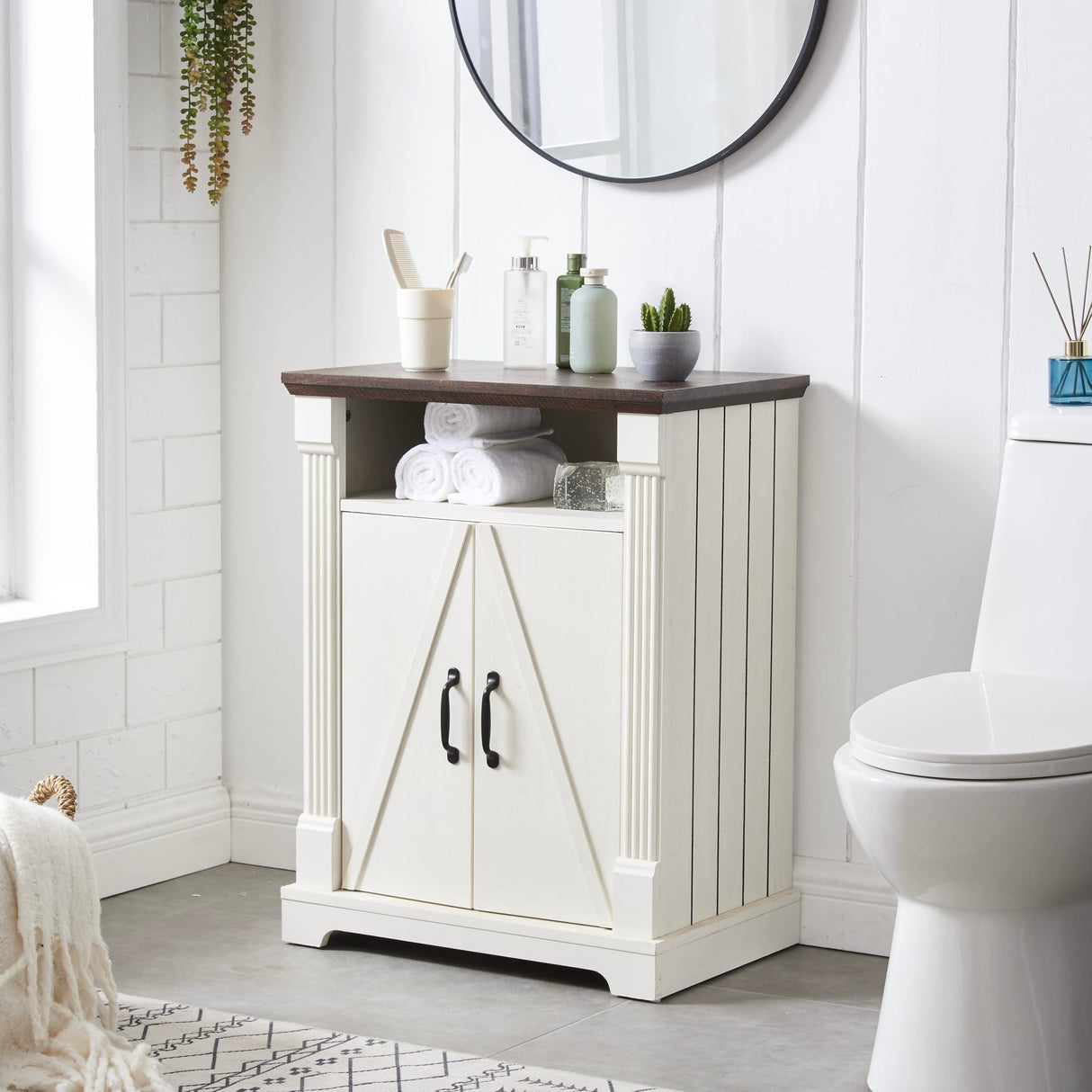 BuildHom 24" Farmhouse Storage Cabinet – Antique White Freestanding Buffet Sideboard with Barn Doors, Adjustable Shelf, Small Coffee Bar for Kitchen, Bathroom & Living Room BuildHom