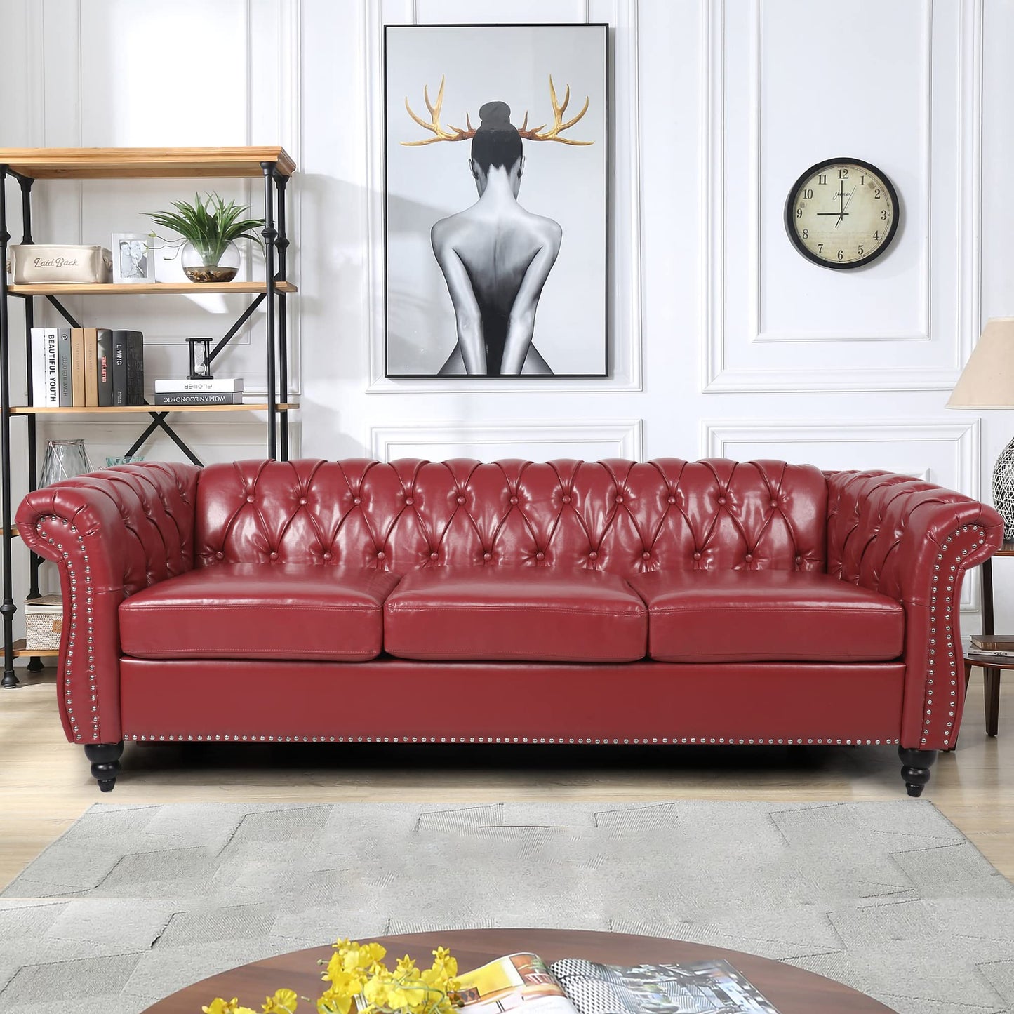 AVZEAR Leather Sofa 3 Seater Couch, Large Sofa Furniture Roll Arm Classic Tufted Chesterfield Settee Leather Sofa with Channel Tufted Seat Back for Living Room, Claret