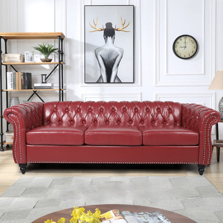AVZEAR Leather Sofa 3 Seater Couch, Large Sofa Furniture Roll Arm Classic Tufted Chesterfield Settee Leather Sofa with Channel Tufted Seat Back for Living Room, Claret AVZEAR