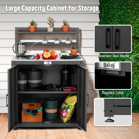Garden Potting Bench with Storage Cabinet,Outdoor Gardening Table & Work Bench for Plants, Horticulture,Outdoor Workstation with Stainless Steel Tabletop,Outdoor Work Table with Elevated Rack Feasto
