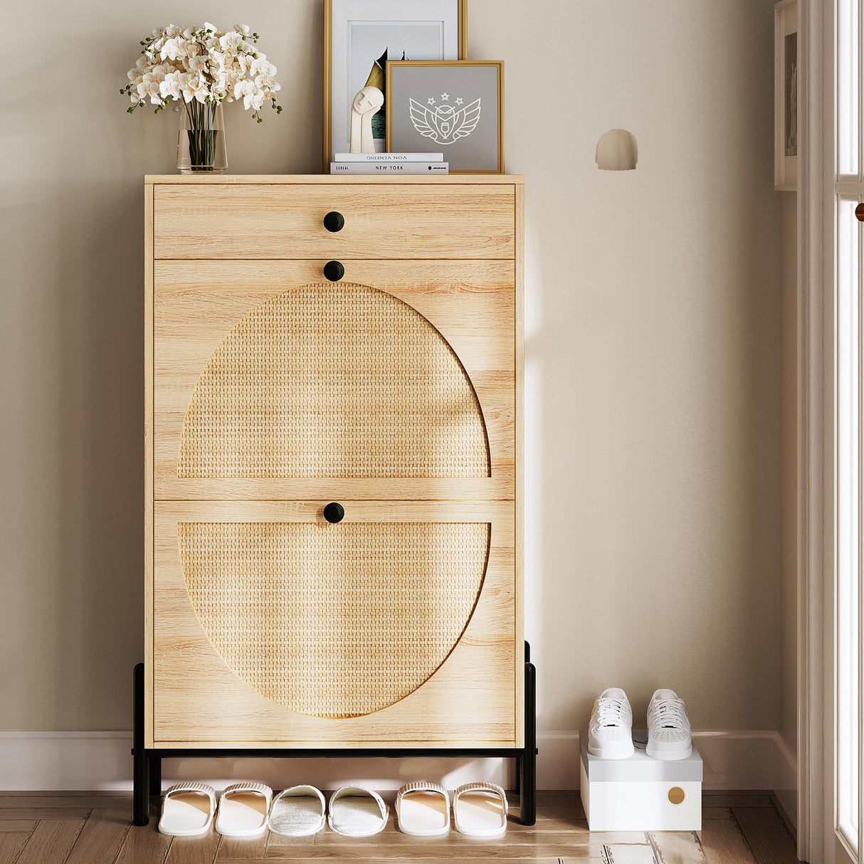 IRONCK Shoe Cabinet with 2 Flip Drawers, Shoe Storage Cabinet for Entryway, Free Standing Shoe Storage Organizer with Rattan Doors Slim Narrow Shoe Rack Cabinet, Oak IRONCK