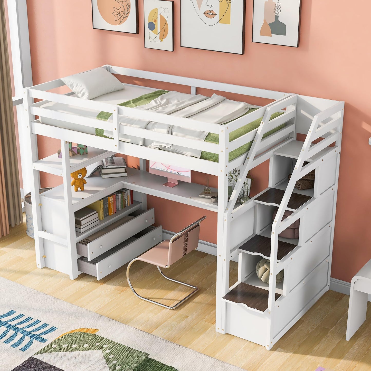 SOFTSEA Multi-Functional Full Loft Bed with Desk, Stairs, and Storage in White - WoodArtSupply