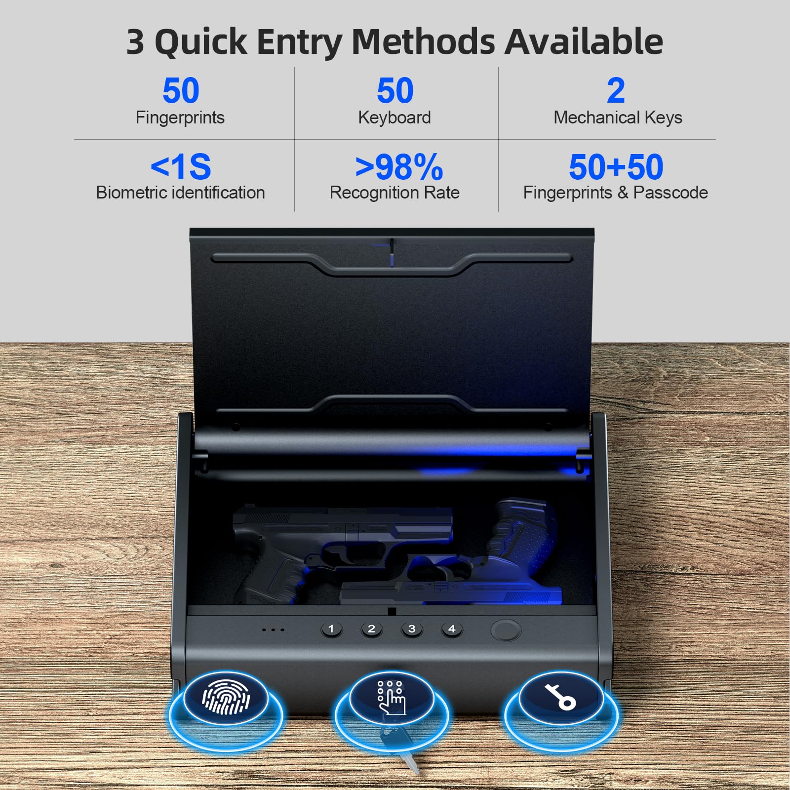 PINEWORLD Gun Safe,Biometric Gun Safe For Handgun, Pistol Safe With Fingerprint Backlit Keypad, Quick Access Handgun Safe for Firearm, Gun Lock Box With Interior Light For Nightstand Car Norm - WoodArtSupply