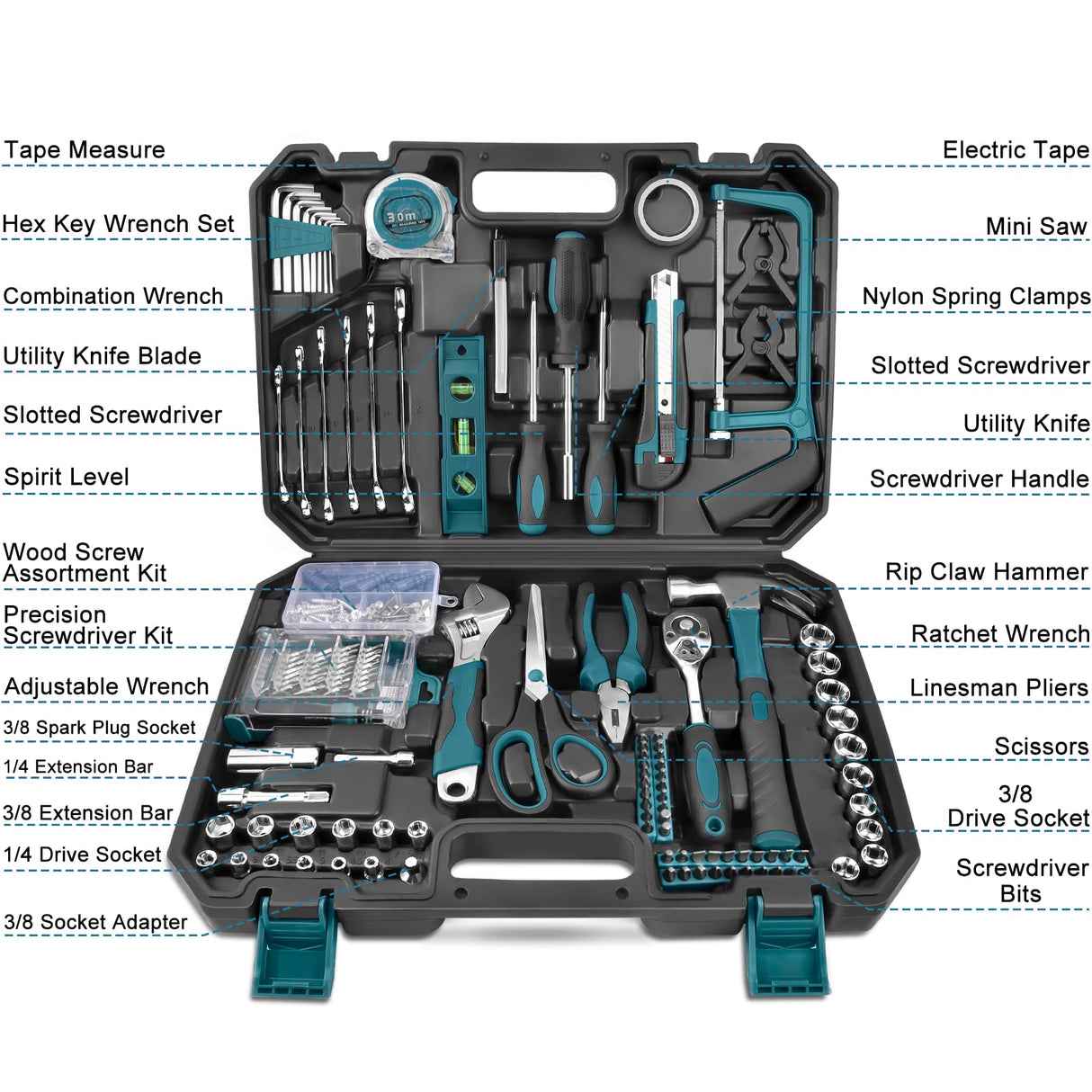 Sundpey Home Tool Kit 257-PCs - Household Basic Repair Tool Set for Men Women - General Hand Mechanic's Tool Set & Screwdriver Set & Wrench Set & Socket & Portable Tool Box Storage Case Blue Sundpey