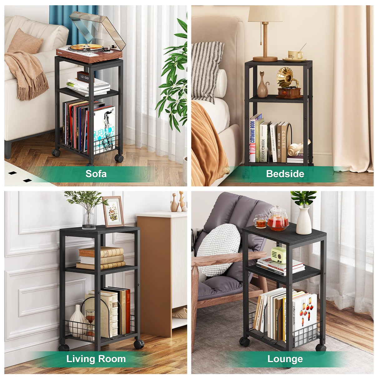 Kalrin Small Side Table, 3 Tier Moveable Small End Table, Record Player Stand with Records Shelf, Tall Nightstand for Bedroom, Living Room, Sofa, Office, Bathroom (Pure Black) Kalrin