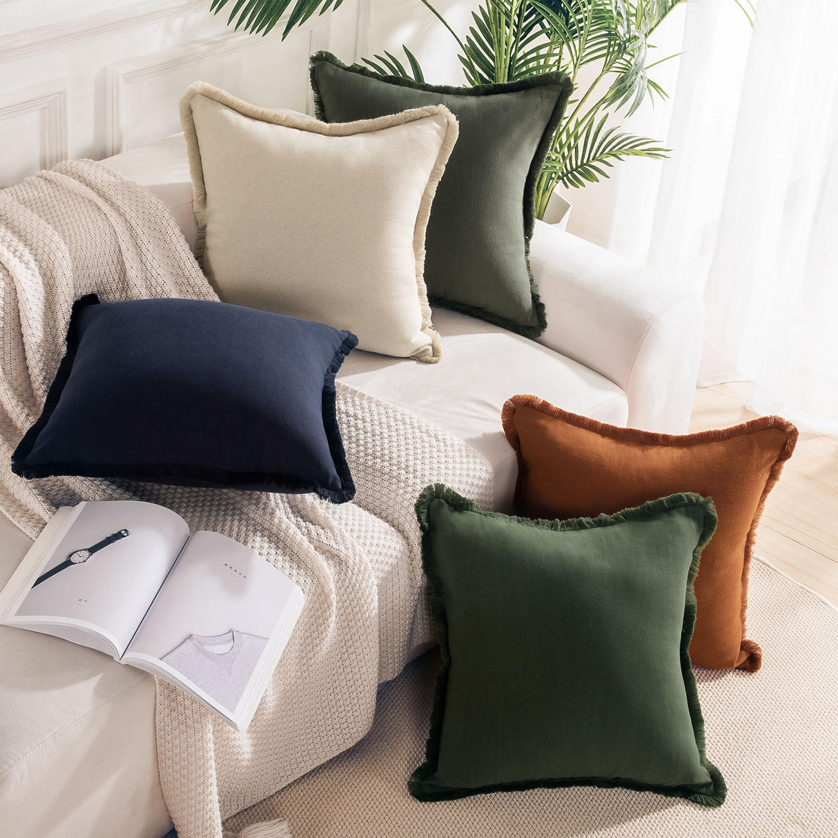 NEXHOME PRO Boho Throw Pillow Covers for Couch Set of 2 20"x20", Handmade Decorative Linen Pillow Covers Shams for Sofa, Living Room, Farmhouse Fringed Cushion Covers,Linen (NO Insert) NEXHOME PRO