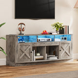DWVO TV Stand for 75/80 Inch TV, Entertainment Center, LED Light Media Console, TV Cabinet with Barn Doors and Power Outlet for Living Room, Washed Grey DWVO