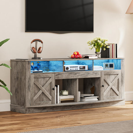 DWVO TV Stand for 75/80 Inch TV, Entertainment Center, LED Light Media Console, TV Cabinet with Barn Doors and Power Outlet for Living Room, Washed Grey DWVO