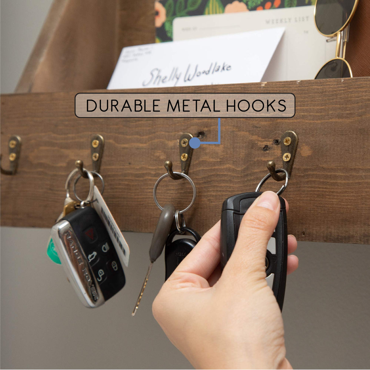 Ilyapa Key Holder for Wall, Farmhouse Mail Organizer Wall Mount, Rustic Wooden Mail Holder, Keys Center with 5 Antique Brass Hooks Ilyapa