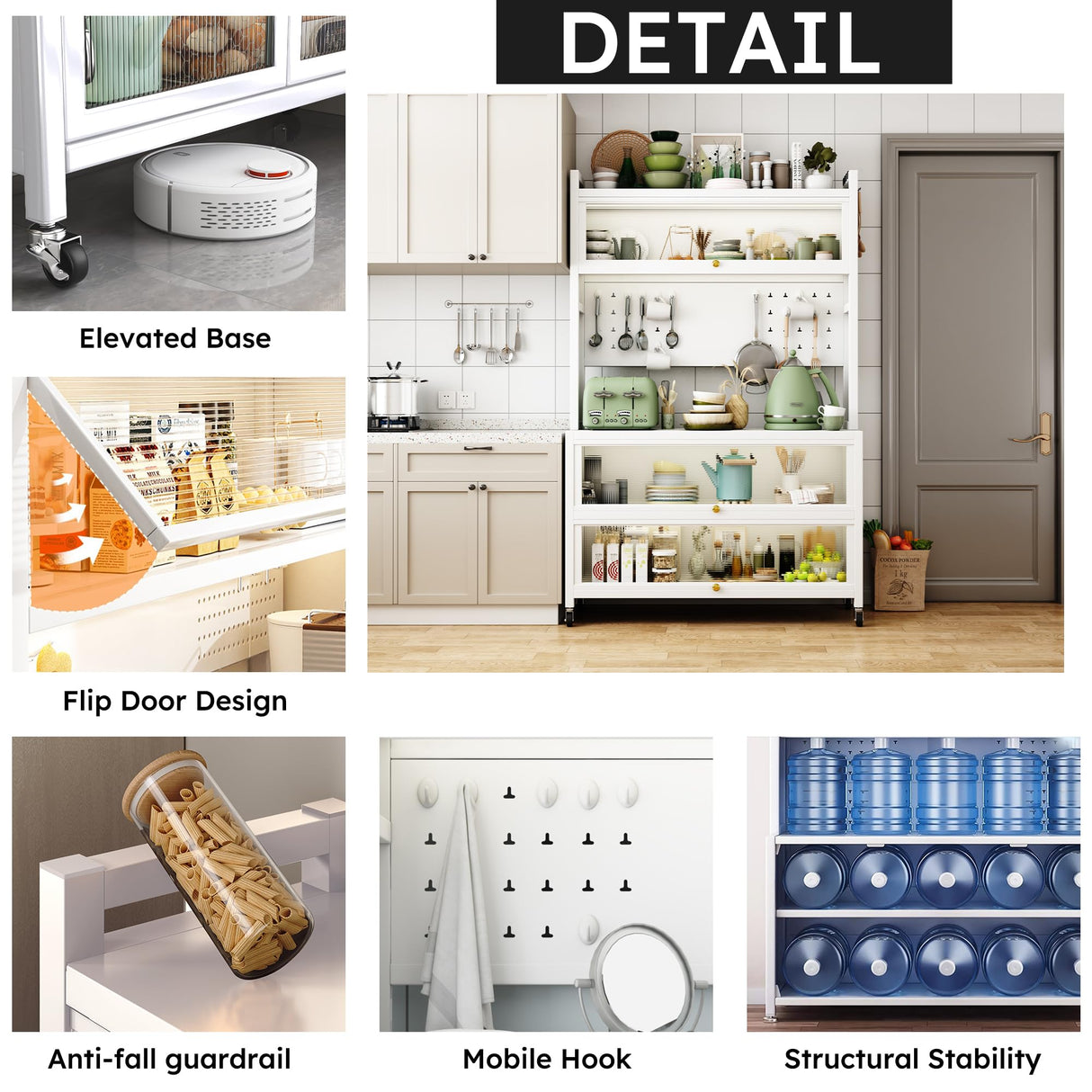 65'' Tall Kitchen Bakers Rack with Flip Door Cabinet, 5 Tier Multifunctional Microwave Stand Buffet, Coffee Bar, Kitchen Pantry Storage Cabinet Shelf, Quick Assembly, White Legendstone