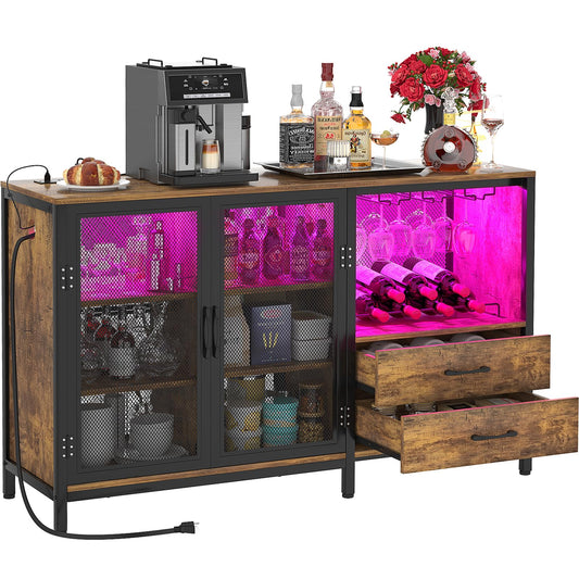 Cyclysio Rustic Industrial Wine Bar Cabinet with Charging Station and LED Lights - WoodArtSupply