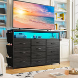 EnHomee 55" Dresser & TV Stand with 10 Fabric Drawers, Wooden Open Shelves, Power Outlets & LED Lights, Multi-Functional Storage Unit for Bedroom, Closet, Black EnHomee