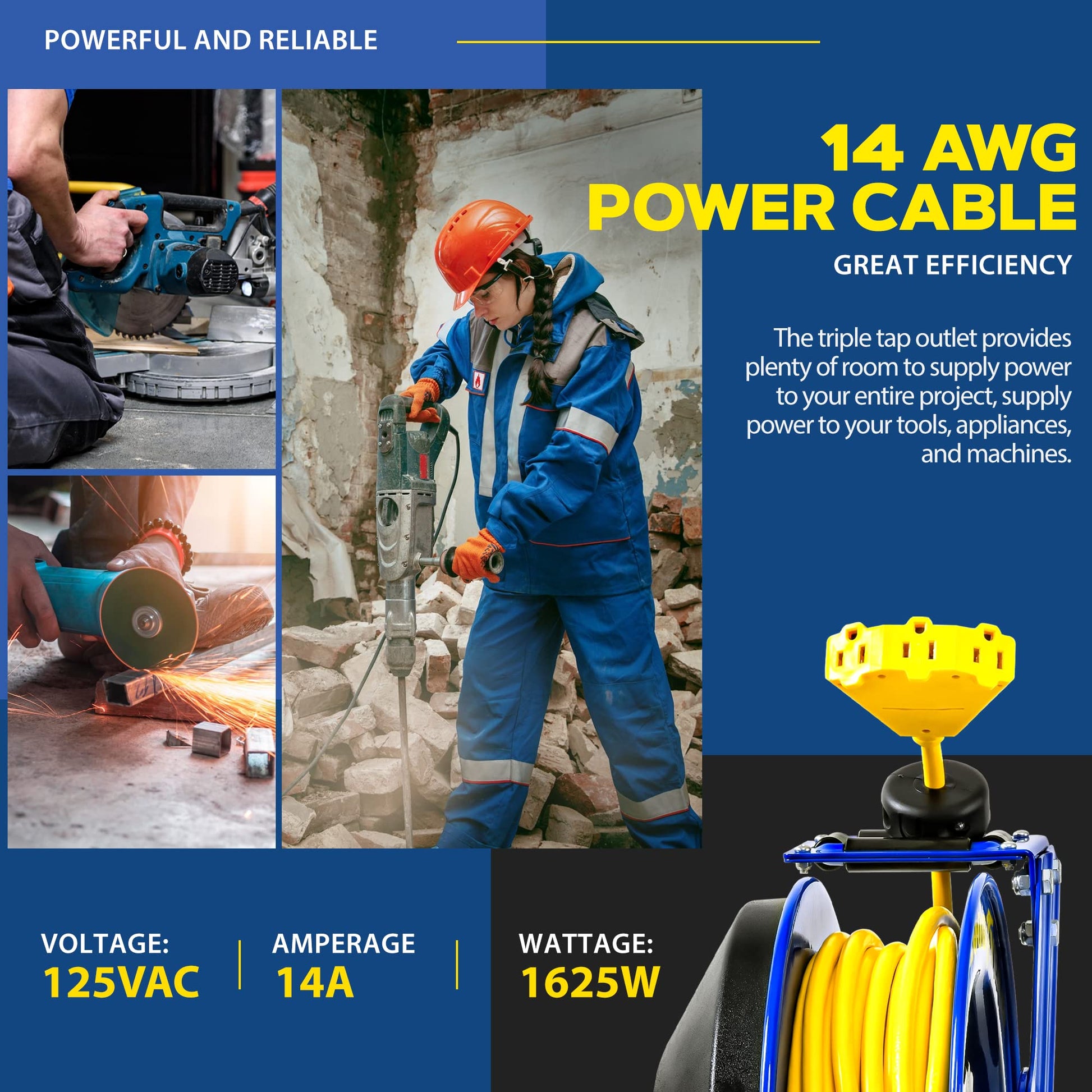 Goodyear Extension Cord Reel Retractable 14AWG x 100' Feet 3C SJTOW Cable Triple Tap Connector Power Rating 125 Volt AC 13 Amp 1625 Watt Industrial Steel Single Arm - WoodArtSupply