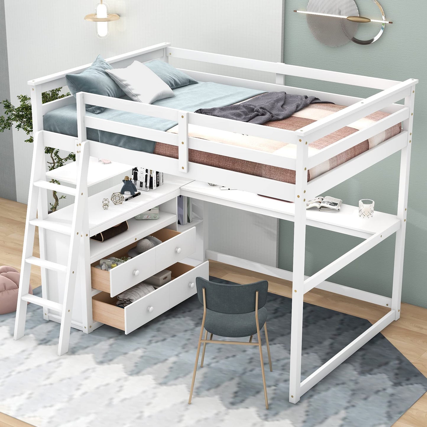 Harper & Bright Designs White Full Size Loft Bed with Desk, Shelves and Two Drawers for Kids and Teens - WoodArtSupply