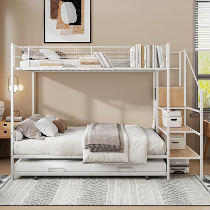 Harper & Bright Designs Twin Over Full Bunk Bed with Trundle, Stairs and Wardrobe, Metal Bunk Bed with Wire Shelving and Lateral Storage Ladder for Bedroom, Dorm (White)