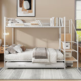 Twin Over Full Metal Bunk Bed with Trundle, Stairs, Wardrobe and Storage Shelves, Modern Style Heavy-Duty Steel Frame Bunk Bed with Safety Rail, for Bedroom, Dorm, White Bellemave