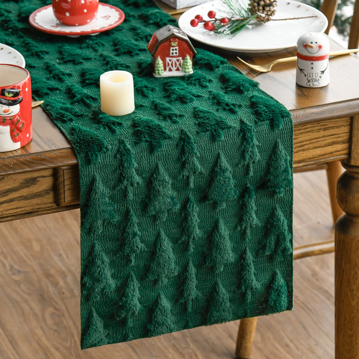 Artoid Mode Green Christmas Trees Soft Plush Faux Fur Jacquard Christmas Table Runner, Holiday Kitchen Dining Table Decoration for Home Party Decor 13x72 Inch Artoid Mode