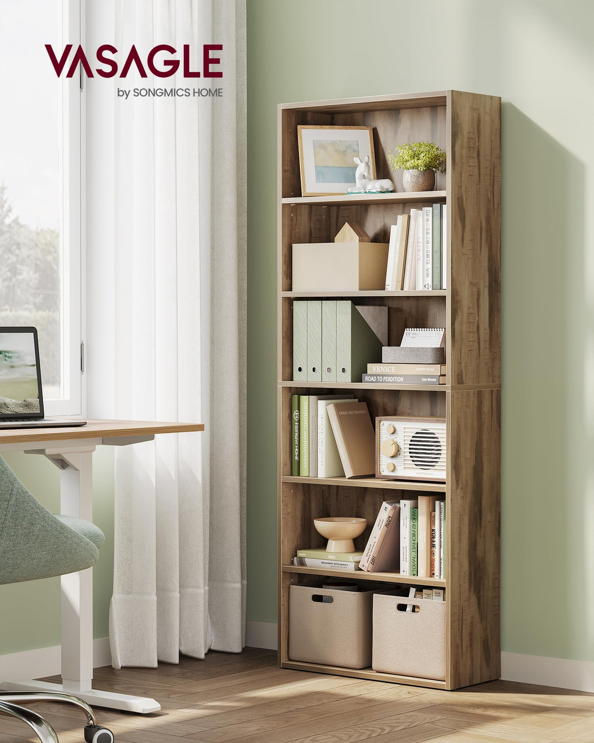 VASAGLE Custos Collection - Bookshelf, 6-Tier Bookcase, Book Shelf, Open Storage Shelf, 9.4 x 23.6 x 63.3 Inches, for Living Room, Home Office, Dinning Room, Camel Brown ULBC166T50 VASAGLE