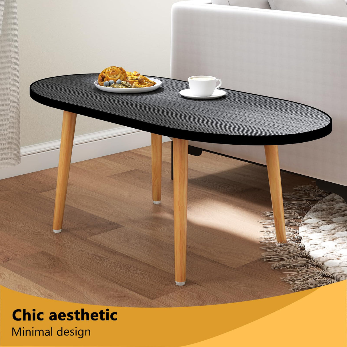 Funecy Oval Coffee Table Low Table with 4 Solid Wood Sturdy Legs, Floor Table Desk for Sitting on The Floor, Storage and Living Room Furniture (Black) Funecy