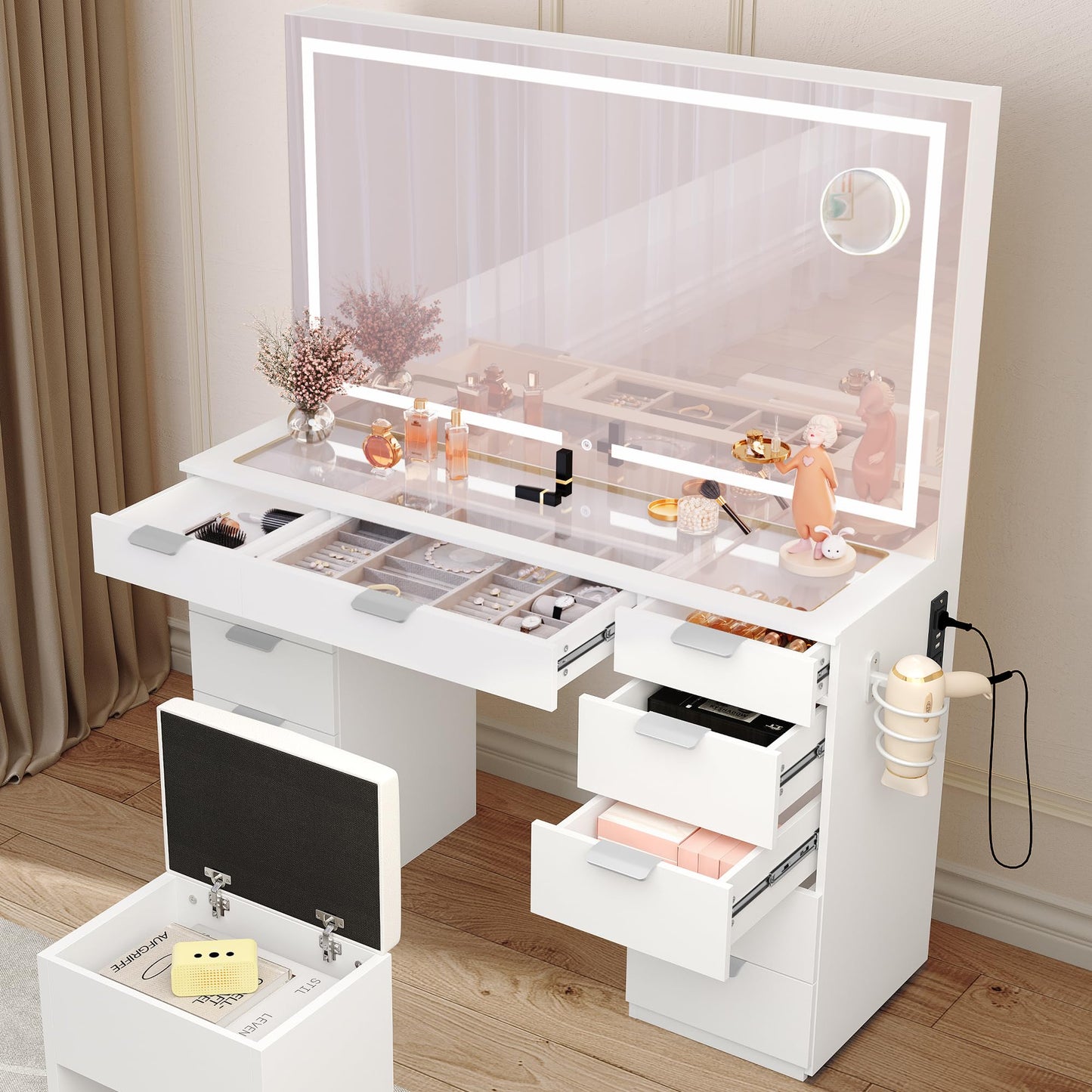 YITAHOME Vanity Desk Set with Large LED Lighted Mirror & Power Outlet, Glass Top Vanity with 11 Drawers and Magnifying Glass, 46'' Makeup Vanity with